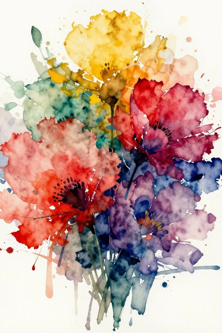 A loose watercolor painting of overlapping red, yellow, blue, and purple flowers with dark stems and scattered paint splatters on white paper.