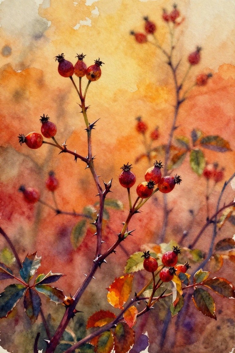 Watercolor of red rose hips on thorny branches with autumn leaves and warm orange backdrop