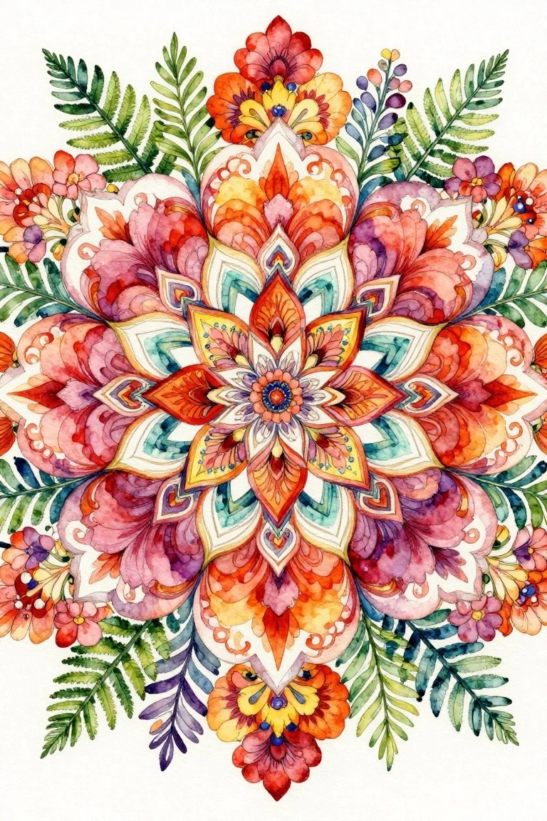 Vibrant watercolor mandala of colorful flowers and ferns in symmetrical bloom.