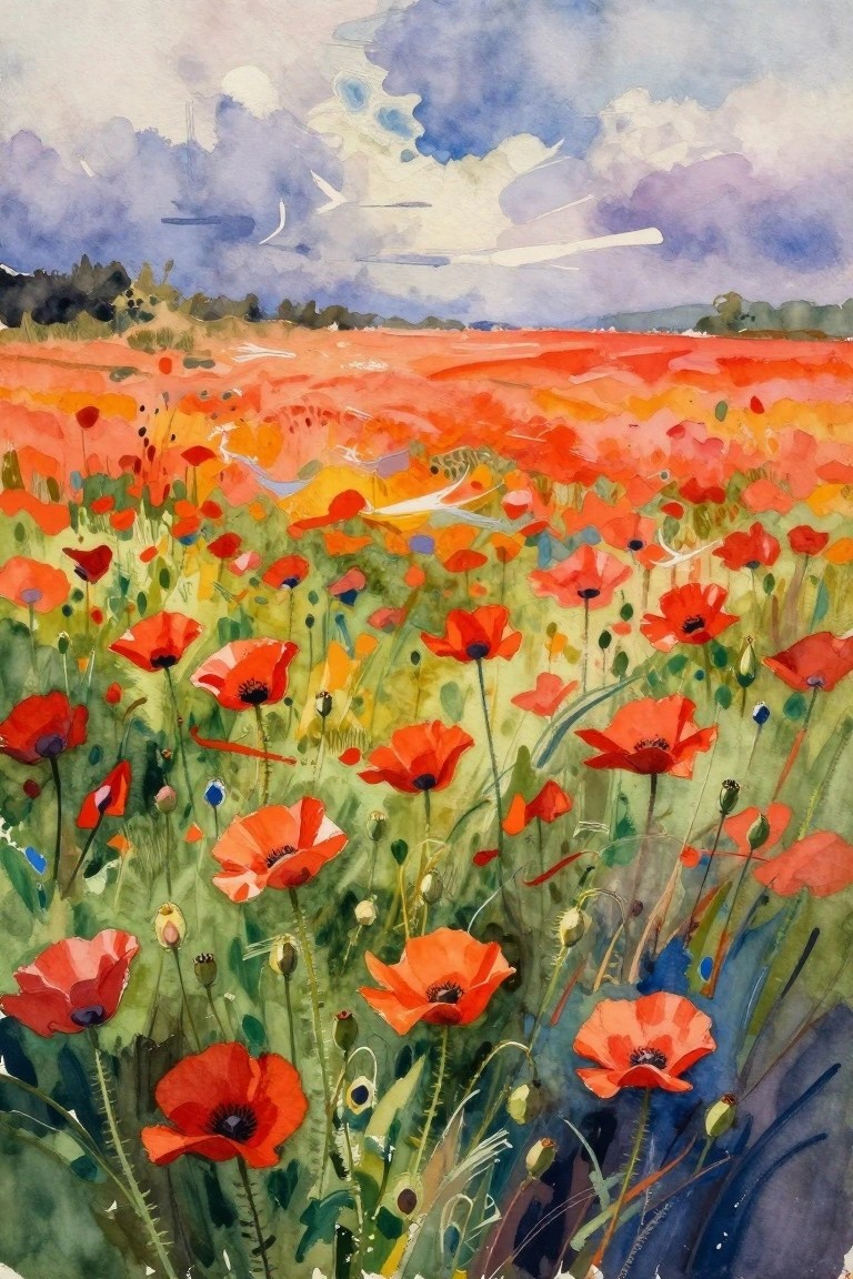 Vibrant watercolor of red poppies blooming across a vast field under cloudy skies.
