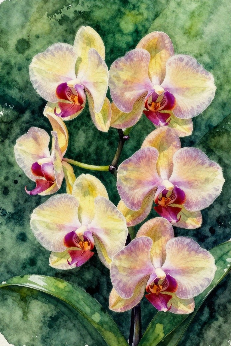 Watercolor orchids with yellow-purple petals, magenta centers, and green leaves on mottled background.