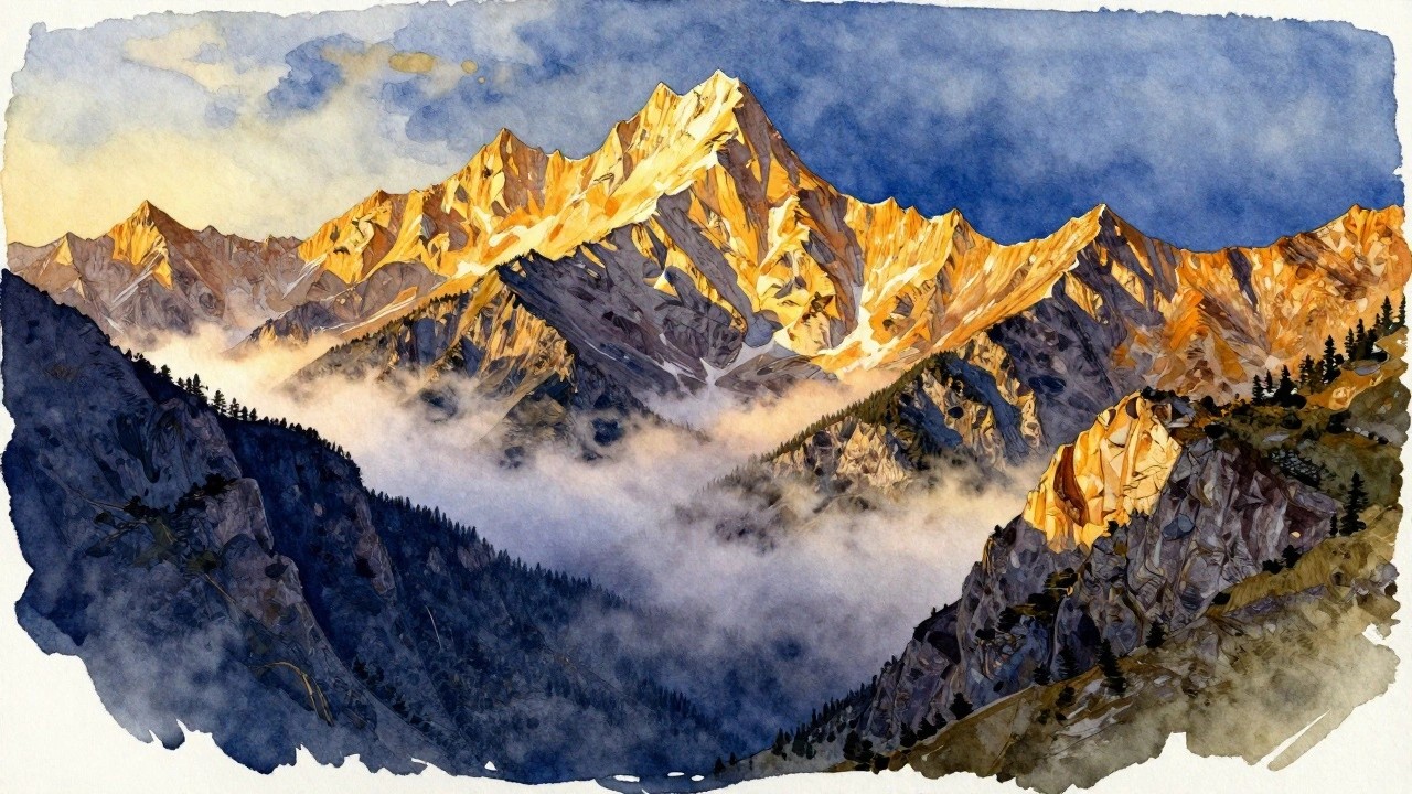 A painting of rugged mountain peaks at sunset with golden light on the highest ridges and mist filling the valleys between them.