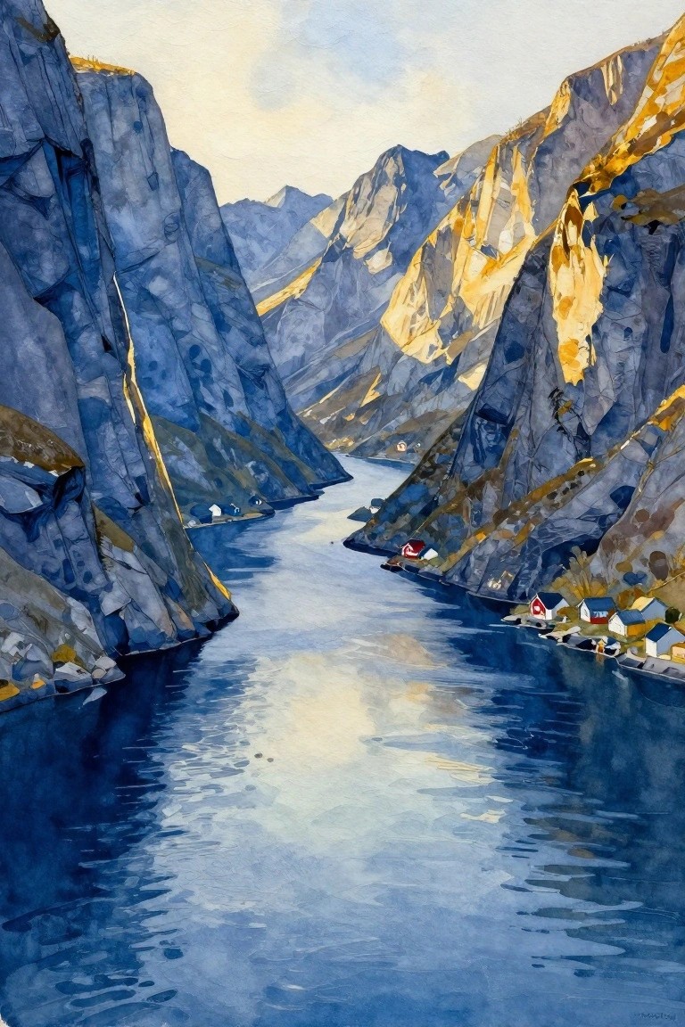 A watercolor painting of a fjord with steep blue-gray cliffs, golden sunlight on the rocks, and small houses along the water.