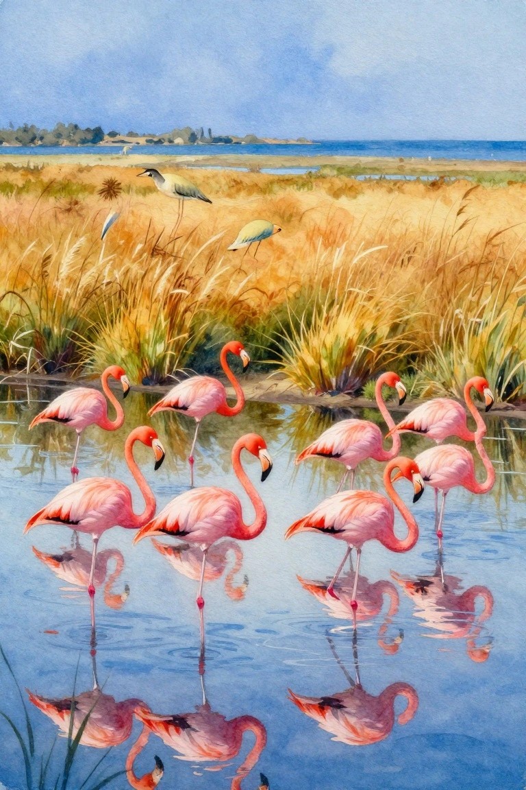 Pink flamingos wading in reflective blue water amid golden marsh grasses and reeds