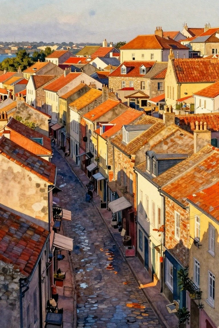 Sunlit cobblestone alley lined with colorful stone buildings and red-tiled roofs in watercolor style