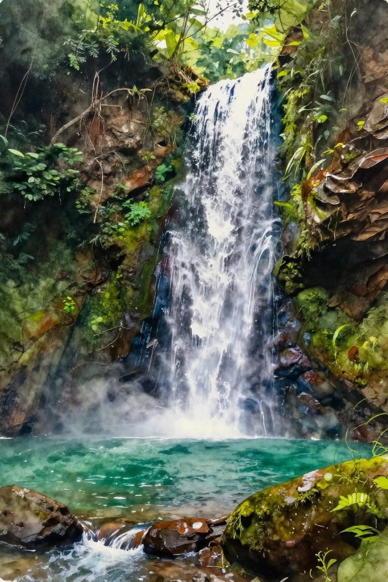 Watercolor of cascading jungle waterfall into turquoise pool amid mossy rocks and foliage.