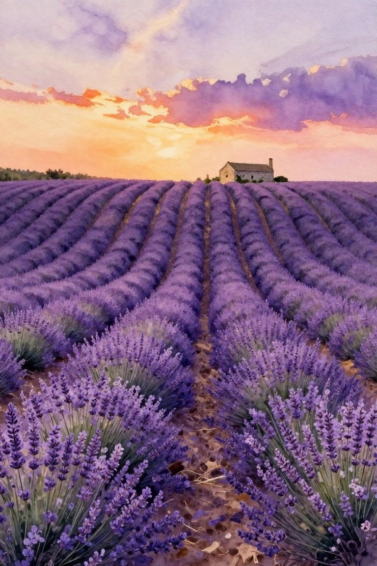 A watercolor painting of lavender rows leading toward a small stone house under a colorful sunset sky.