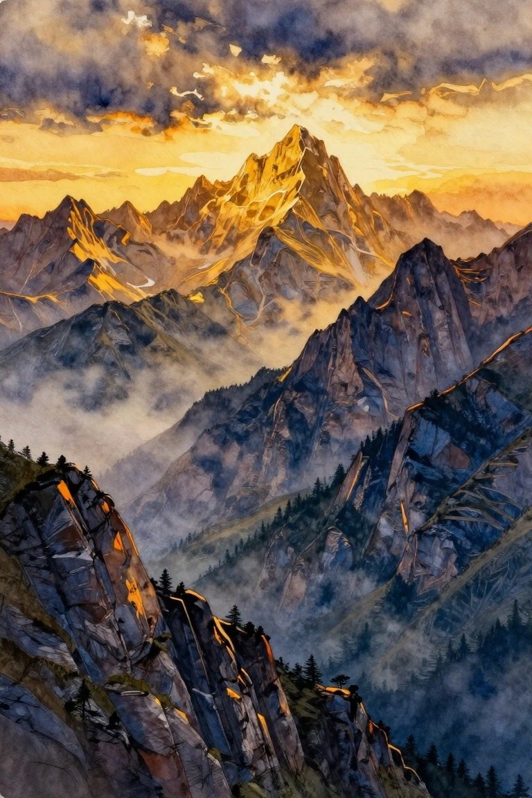 A painting of rugged mountain peaks at sunset with golden light on the highest ridges and mist filling the valleys between them.