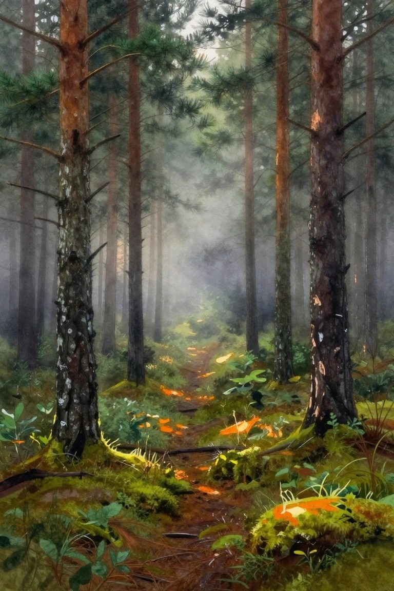 Misty pine forest path glowing with scattered orange leaves among tall trees