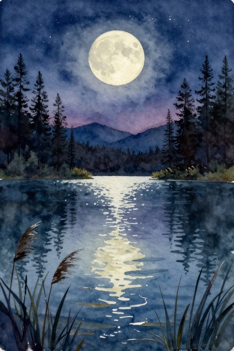 A watercolor painting of a full moon reflecting on a lake with pine trees and mountains at night.