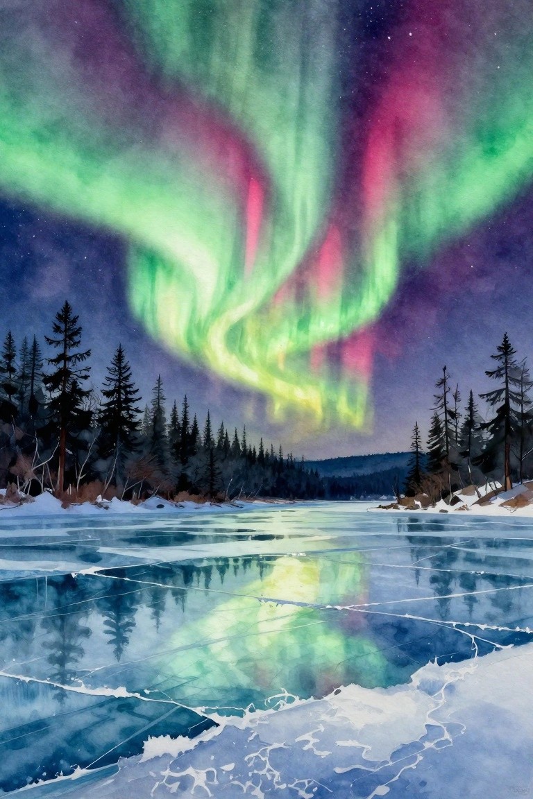 Colorful aurora borealis reflects on cracked frozen lake amid snowy pine trees at night