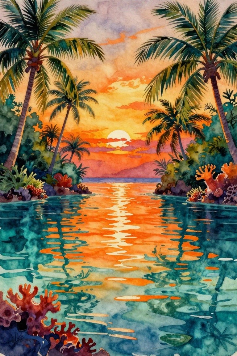 Vibrant watercolor sunset over tropical waters with palm trees and colorful coral reefs.
