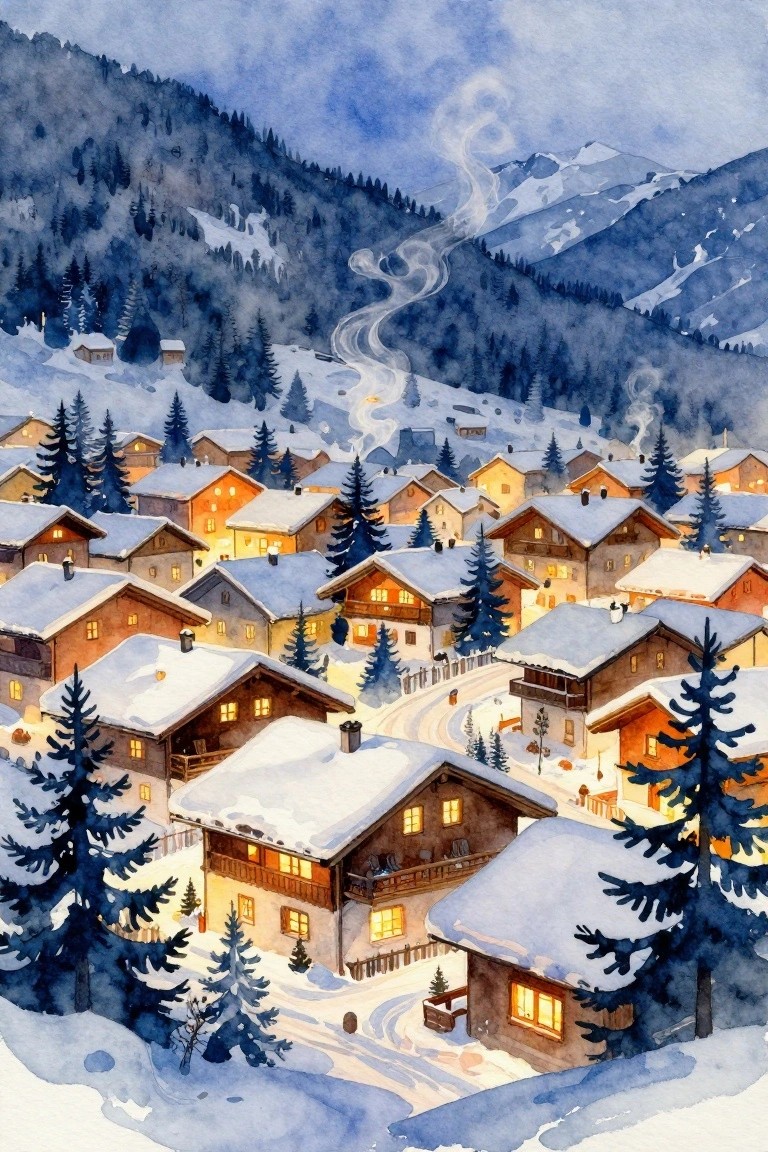 Snowy alpine village with glowing chalets, pine trees, and misty mountains in watercolor.