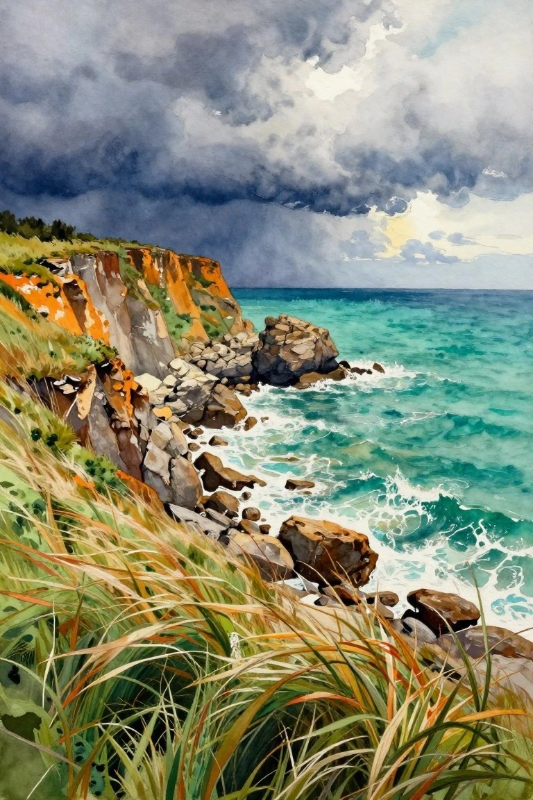 Watercolor seascape with turquoise waves, orange cliffs, and stormy dark clouds