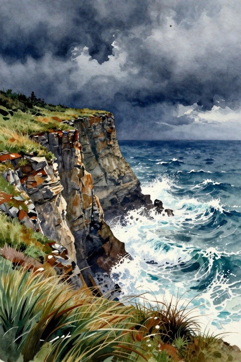 Watercolor painting of a rocky cliff edge above a stormy blue ocean with white waves and dark clouds overhead.