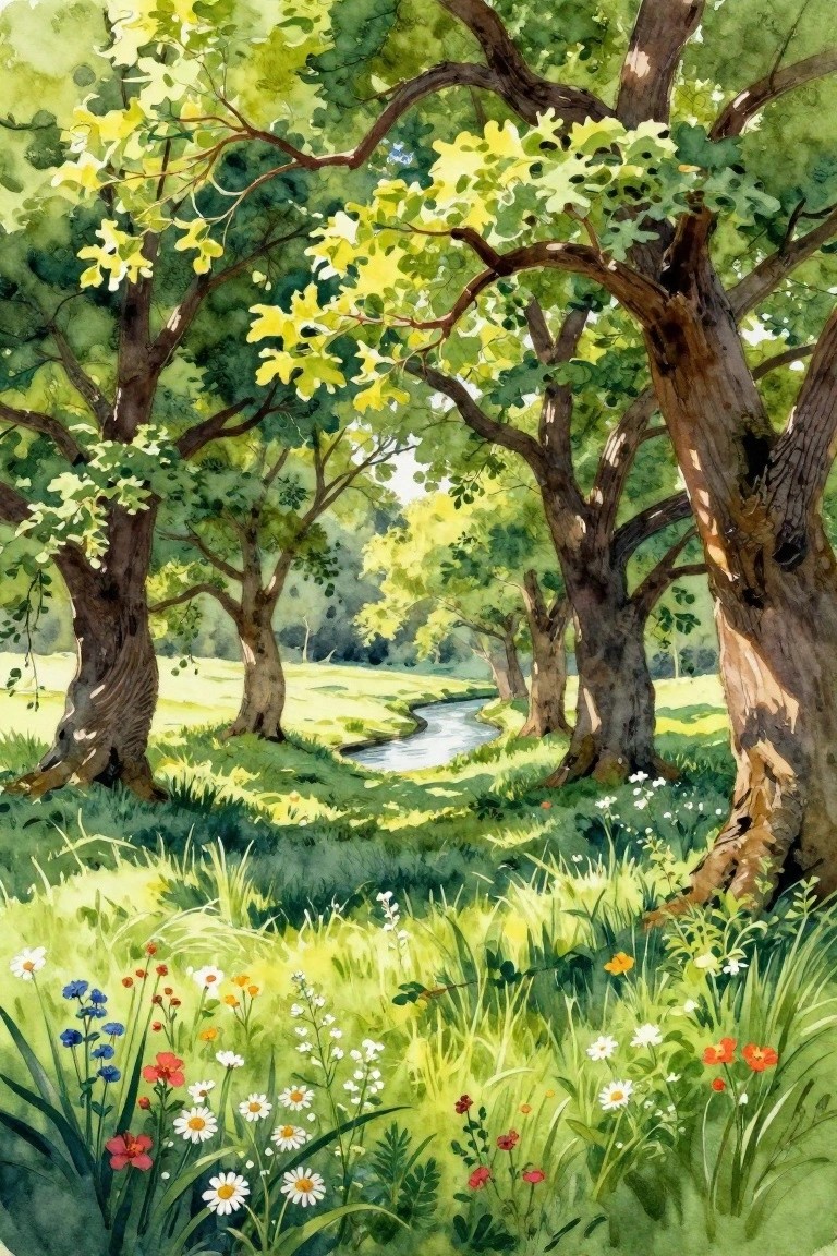 Watercolor forest scene with tall trees, winding stream, lush grass, and wildflowers.