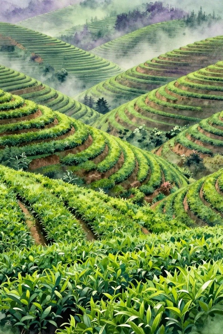 Watercolor painting of green terraced hillsides with mist filling the valleys between the rows.