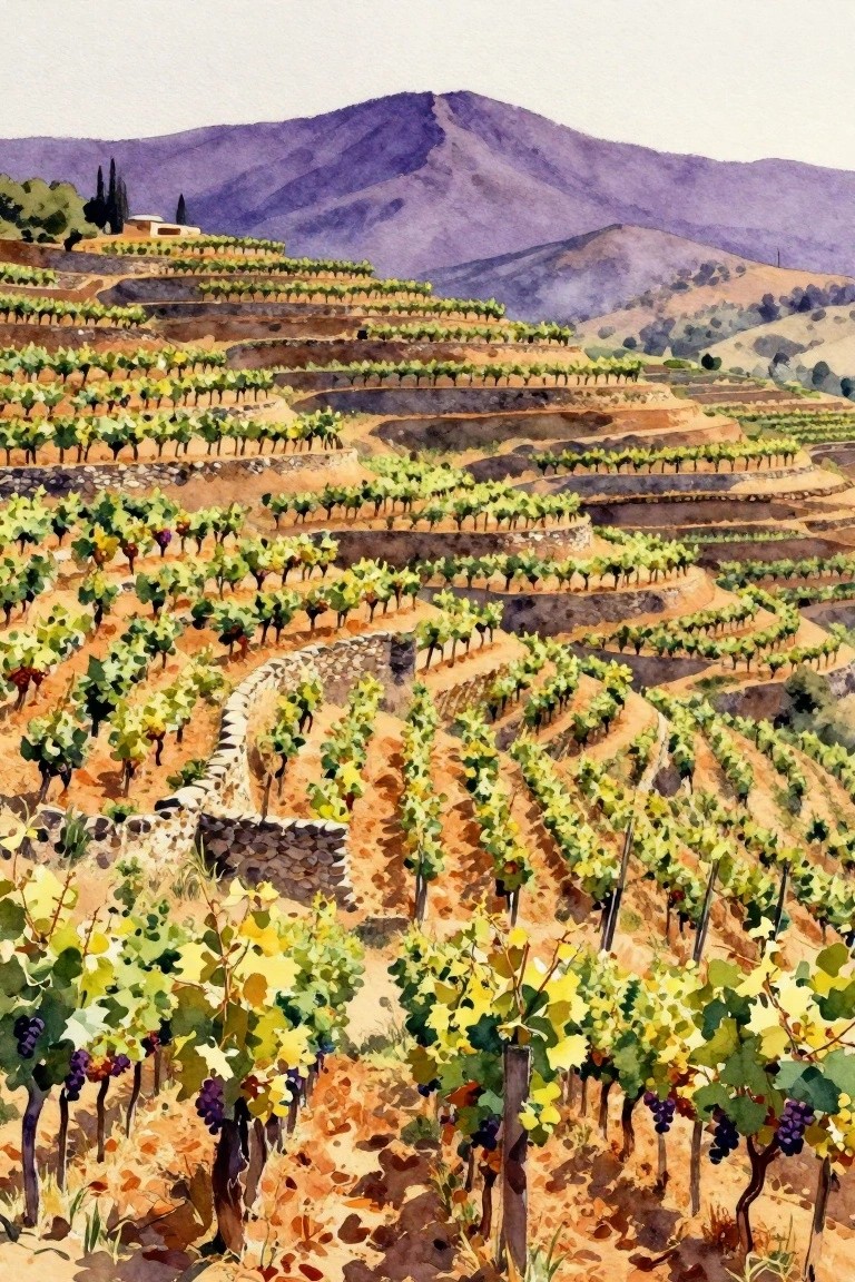 Watercolor of terraced hillside vineyards with grapevines, stone walls, and purple mountains.