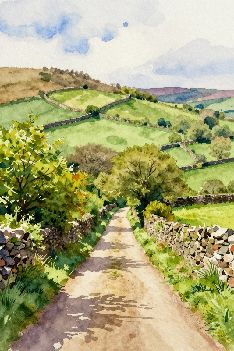 Watercolor of winding path through green fields bordered by stone walls under blue sky.