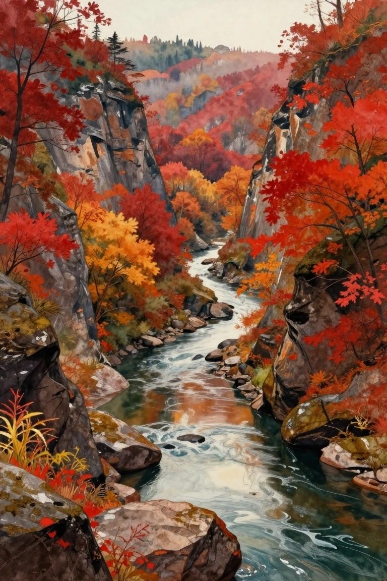 Autumn river winds through rocky canyon lined with red and orange trees.