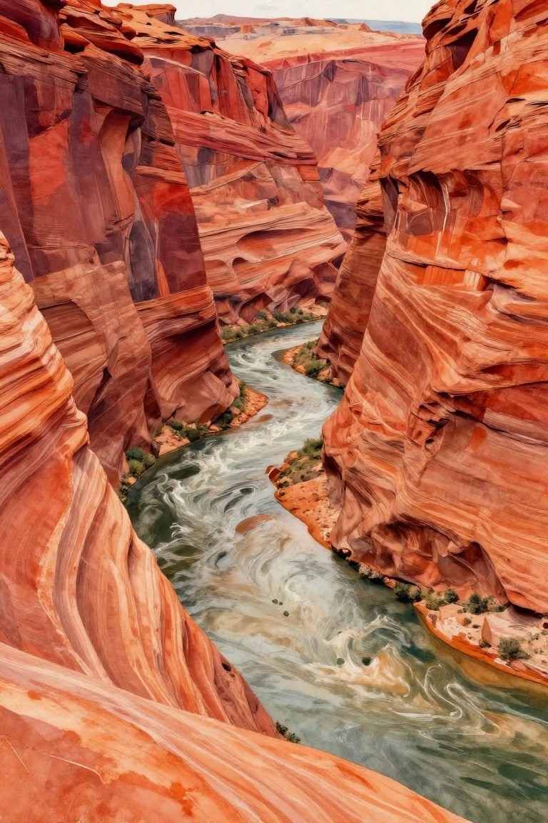 Narrow canyon with layered red cliffs flanking a swirling green river below