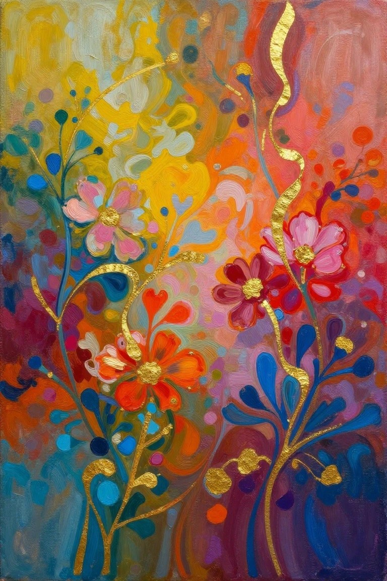 Vibrant abstract painting of colorful flowers with gold foil accents on swirling stems.