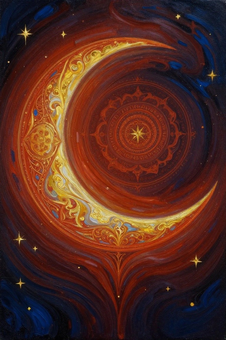 Ornate golden crescent moon with central mandala in swirling red cosmic space