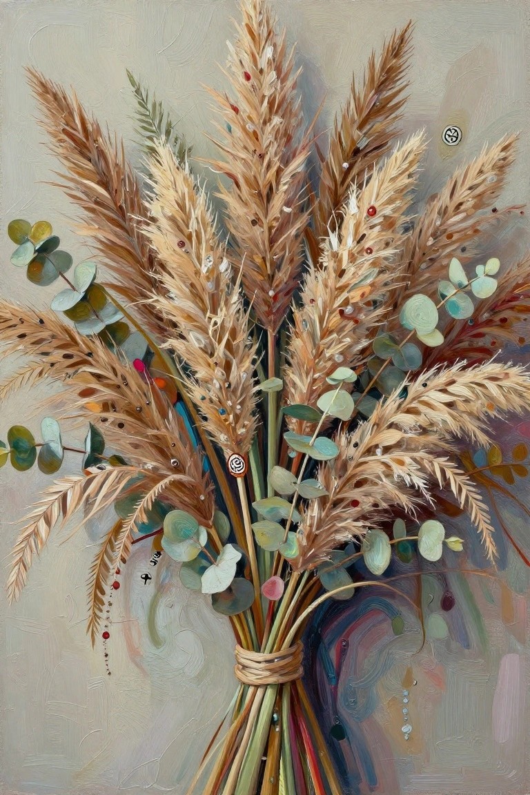 Tied bouquet of feathery dried grasses and eucalyptus with colorful beads