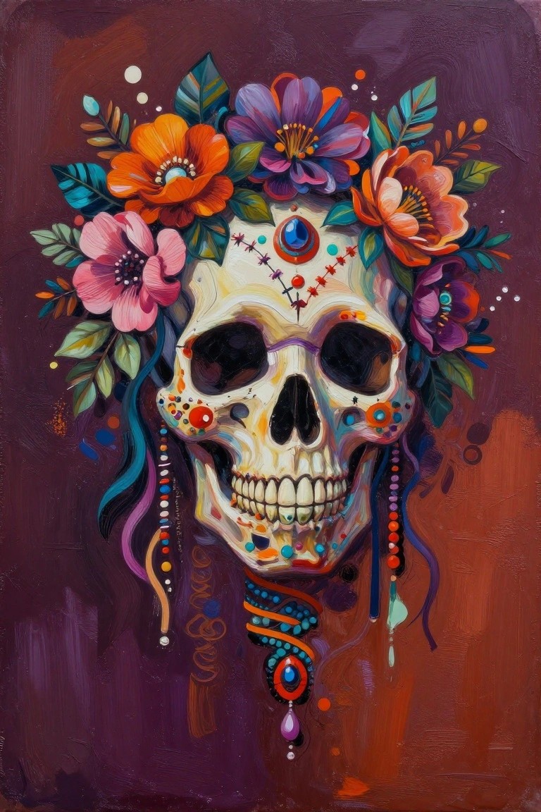 Colorful decorated skull with vibrant flowers, beads, and intricate patterns on purple background.