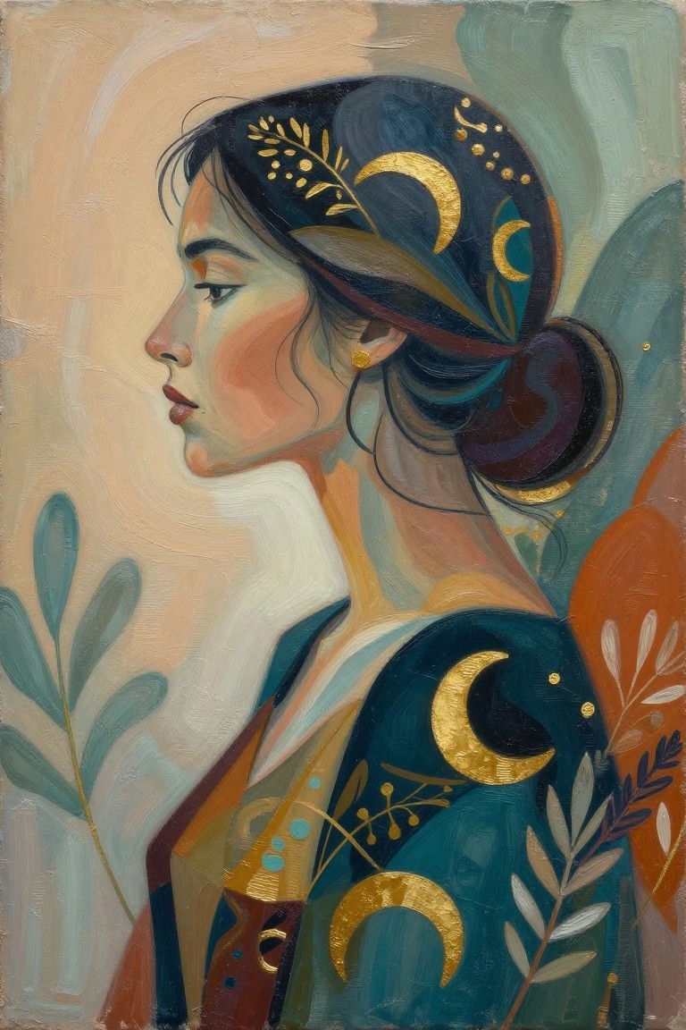 Profile of woman in teal attire with golden crescent moons and starry headscarf