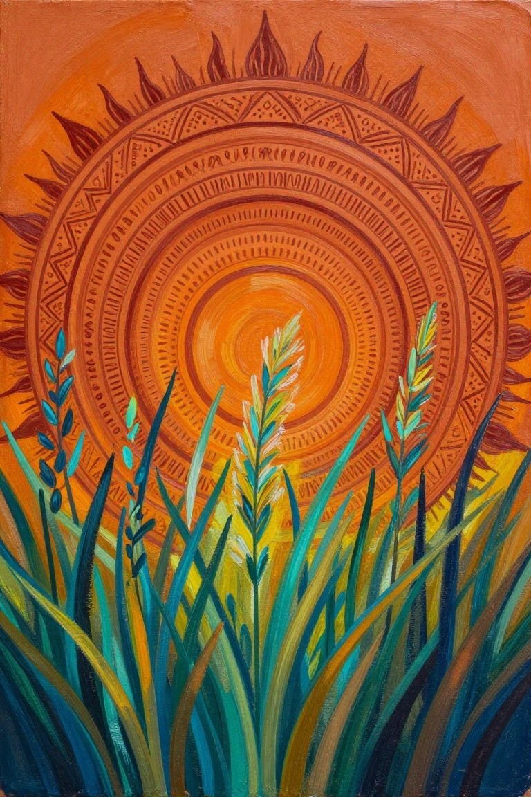 Ornate orange sun with intricate patterns above vibrant teal and green grass.