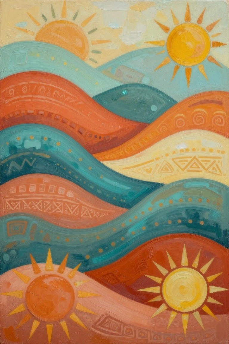 Vibrant abstract painting of wavy colorful layers with multiple yellow suns and patterns.
