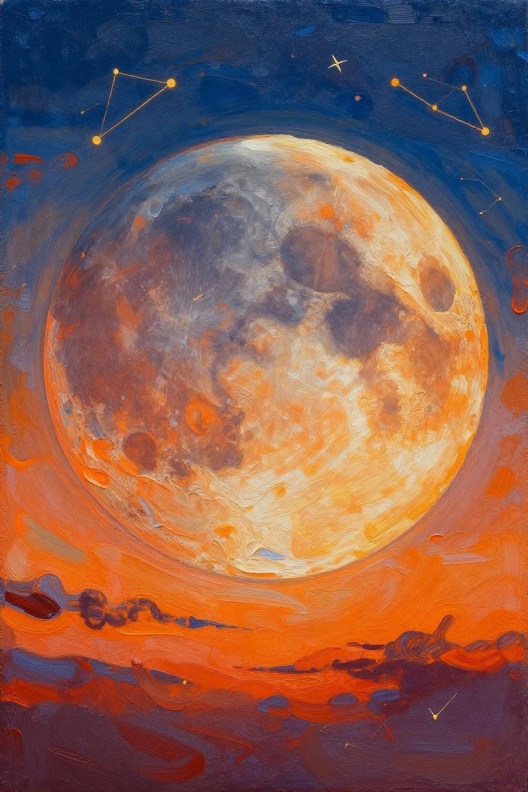 Vibrant painting of a large orange moon with constellations in a starry night sky