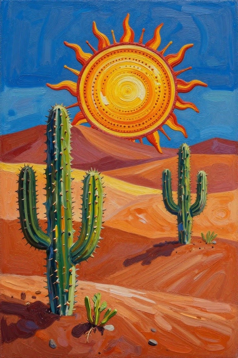 Vivid painting of green cacti in sandy desert under large fiery sun and blue sky