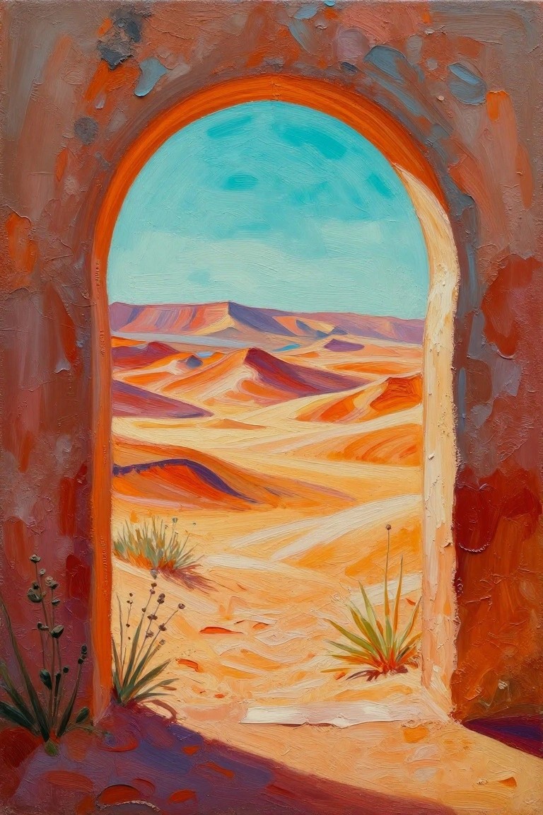 A painting of orange sand dunes and a turquoise sky viewed through a red arched doorway with small desert plants in the foreground.