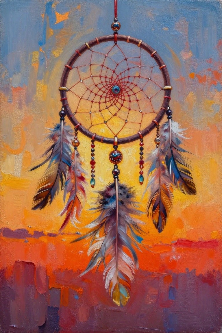 Vibrant dreamcatcher with red web, beads, and feathers against abstract sunset painting background