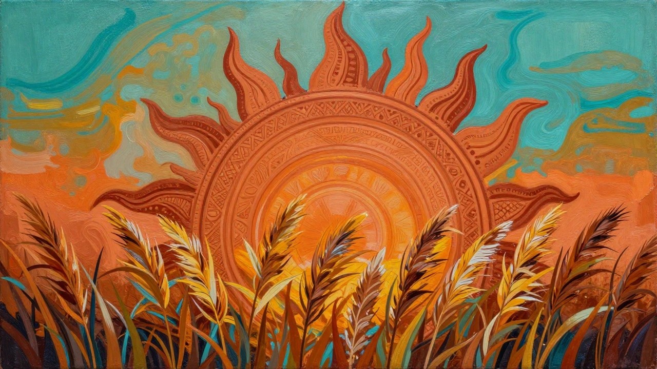 Ornate orange sun with intricate patterns above vibrant teal and green grass.