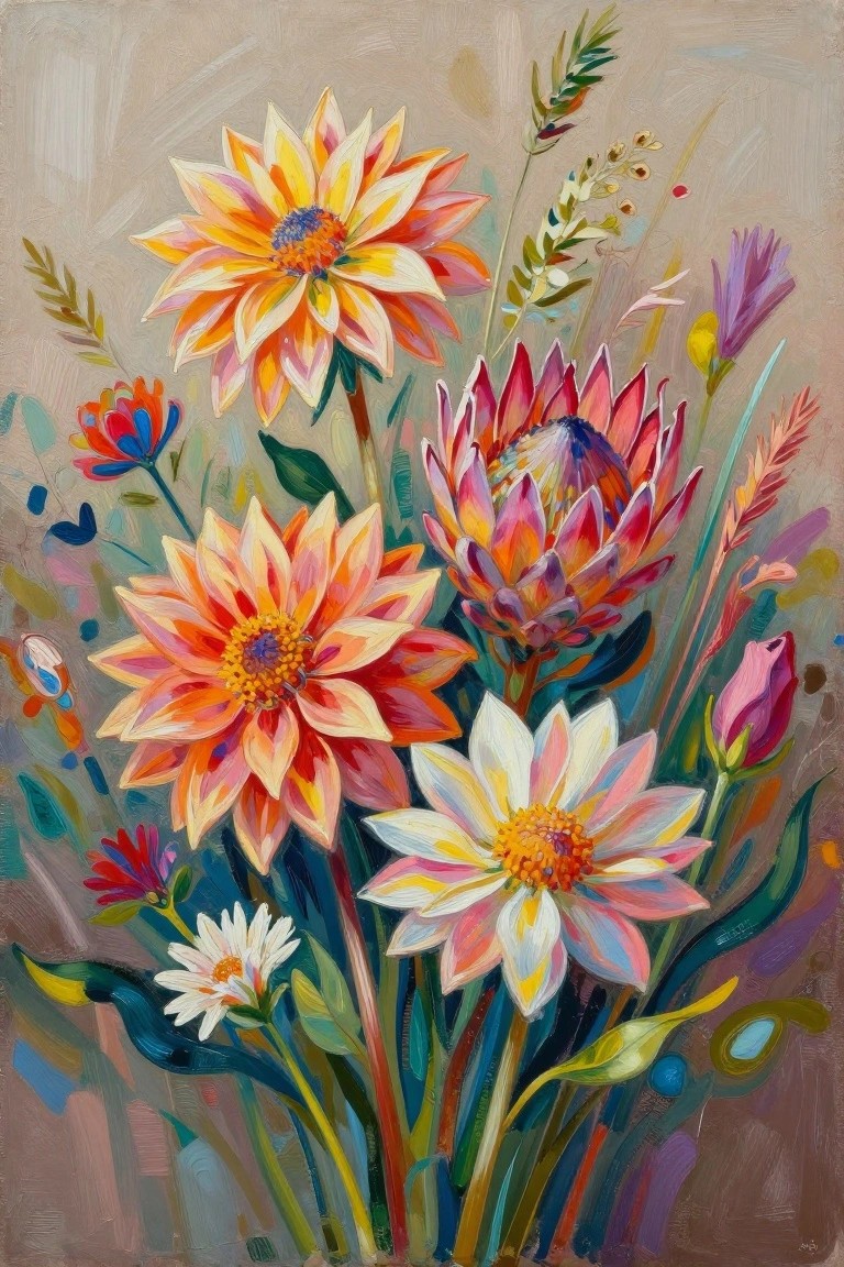 Vibrant painting of orange dahlias, pink proteas, and white daisies with greenery