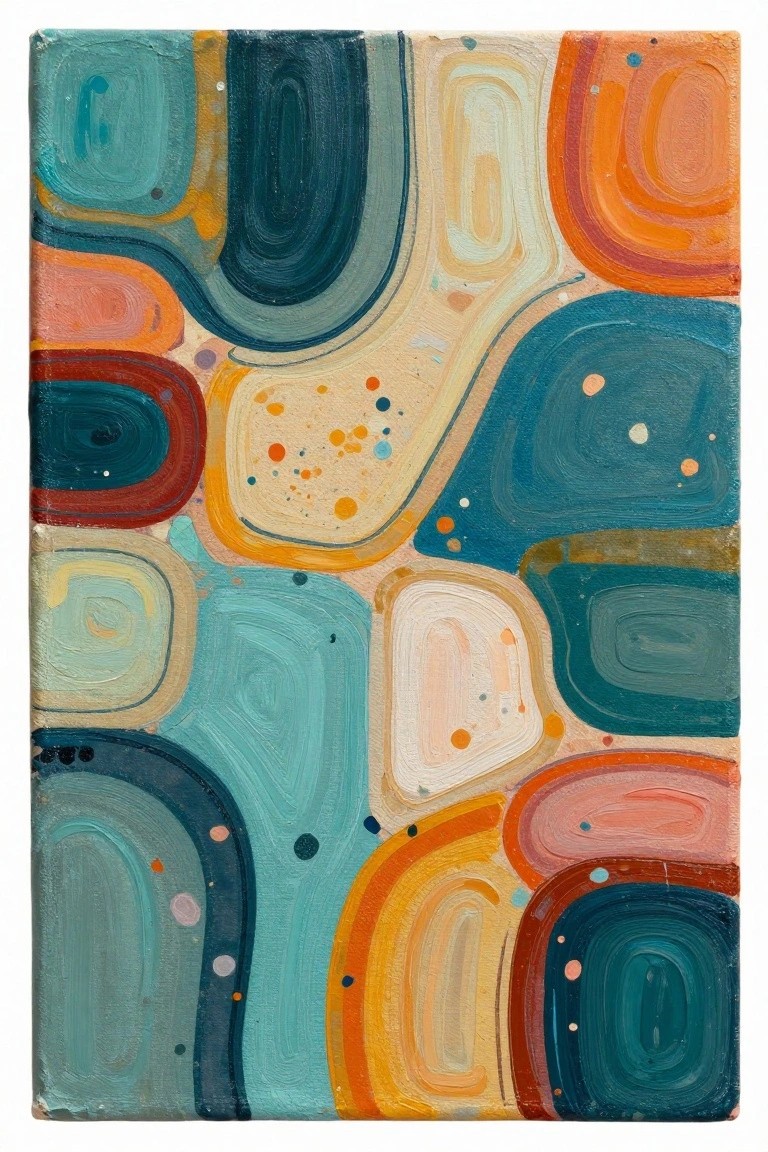Abstract canvas painting with overlapping curved shapes in teal, orange, and beige tones plus scattered dots.