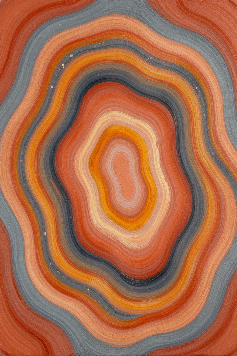 Abstract painting of concentric wavy bands in red, orange, yellow, and blue