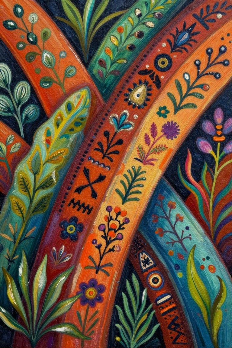 Vibrant abstract painting with floral patterns on colorful curved bands against dark background