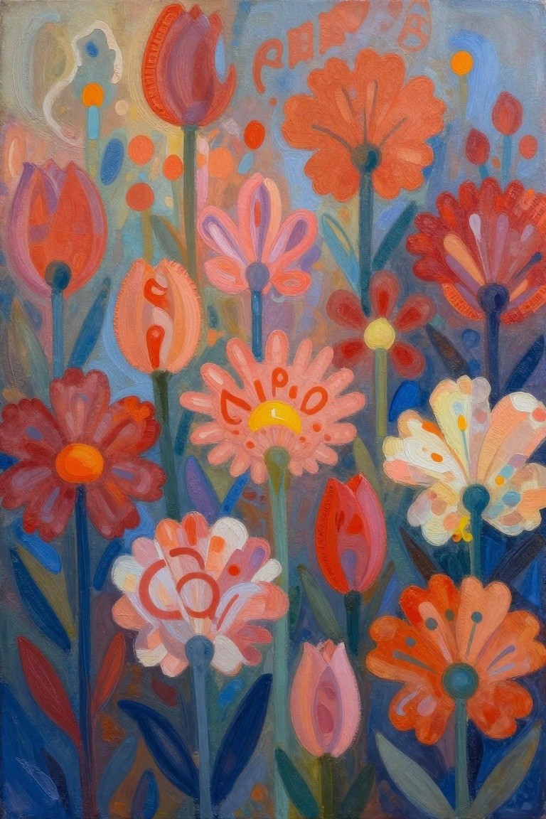 Vibrant abstract flowers in pink, orange, and red with blue background.
