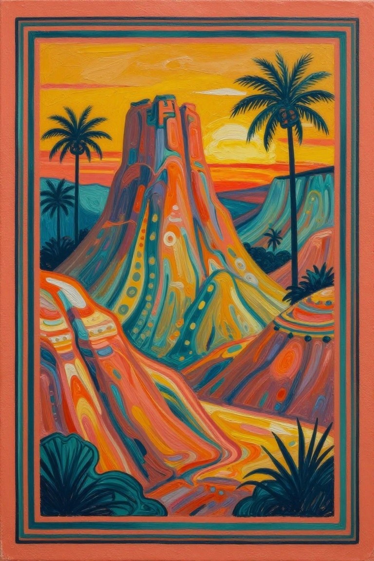 Vibrant abstract painting of swirling mountains, palm trees, and sunset sky