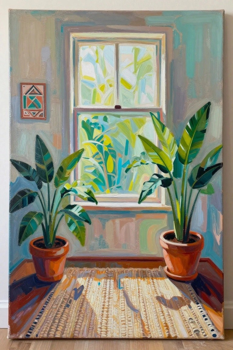 Two potted plants flank a sunlit window above a woven striped rug