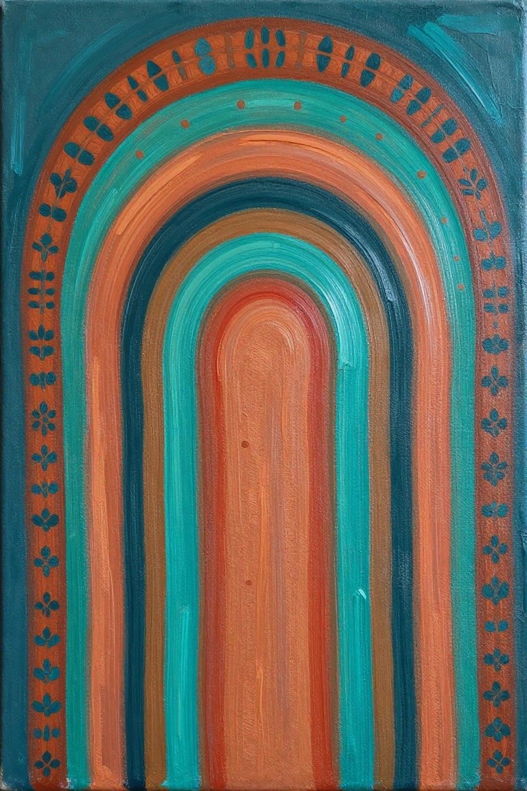 Vibrant abstract painting of concentric arches in orange, teal, and brown with floral borders.