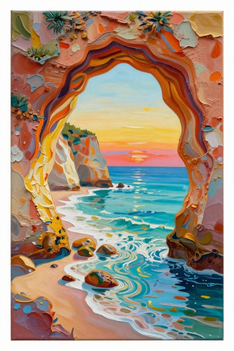 Textured painting of vibrant rock arch framing sunset over turquoise ocean waves