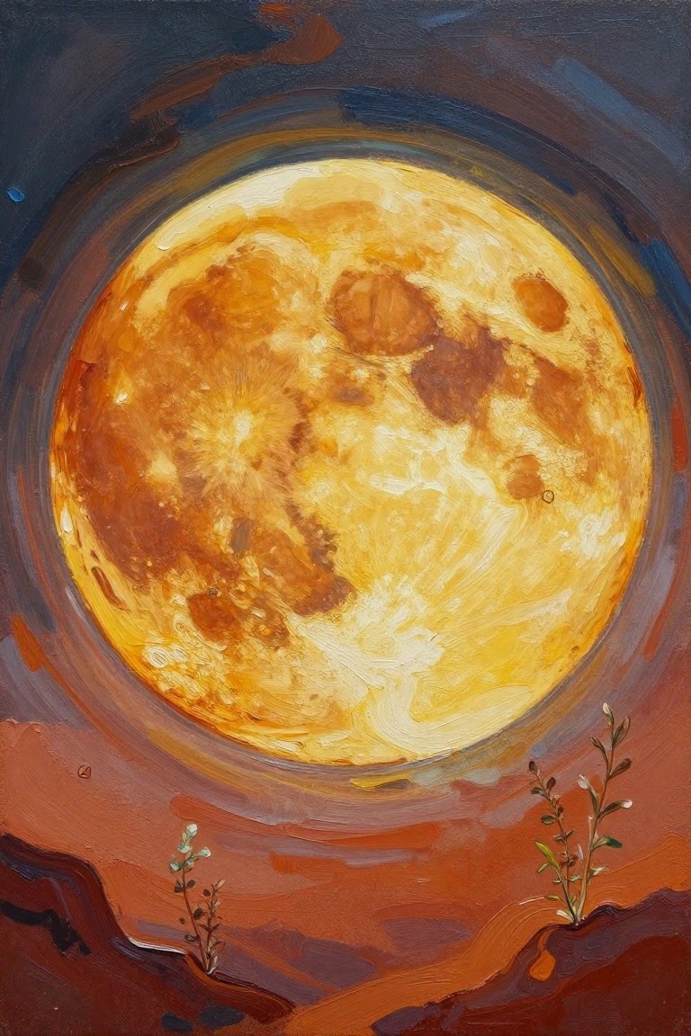 Large textured yellow moon above reddish rocky desert with sparse plants