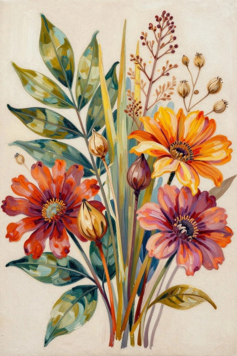 Vibrant orange, red, and purple flowers with green leaves in painterly style