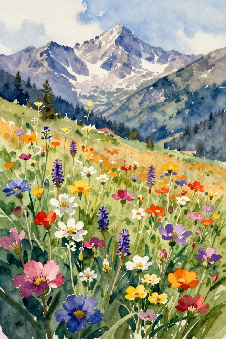 Watercolor meadow of colorful wildflowers with snow-capped mountains rising behind.