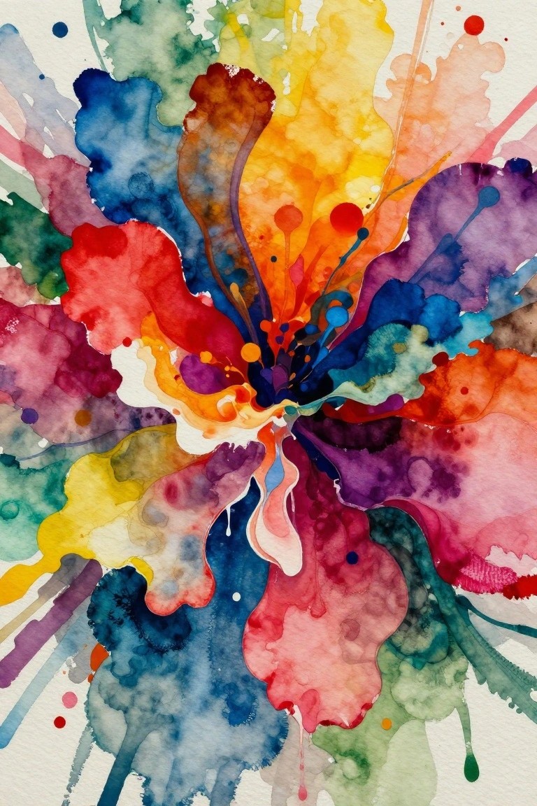 An abstract watercolor-style painting of a flower with vibrant colors radiating outward from the center on white paper.